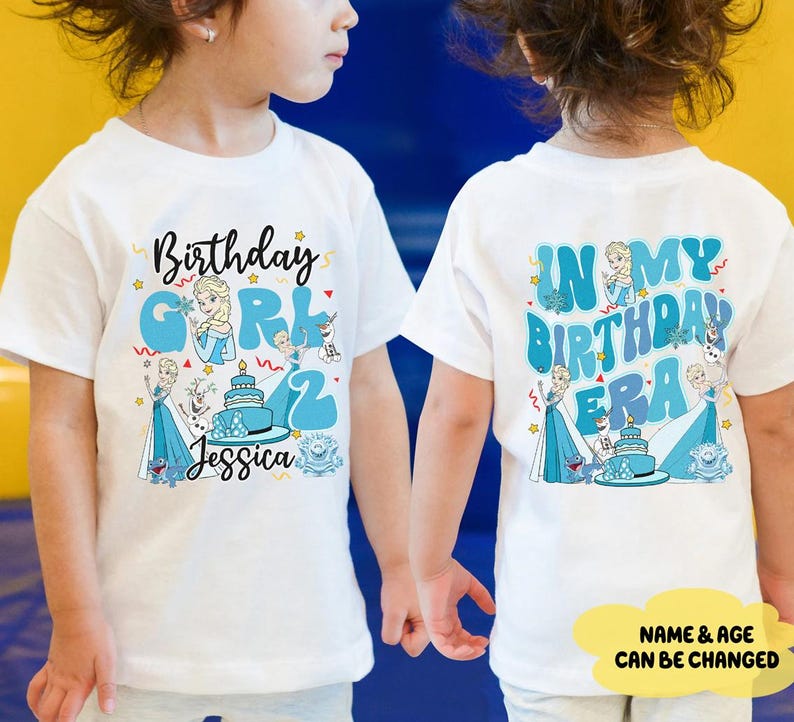 two children wearing white t-shirts with personalized text and illustrations related to a birthday celebration.