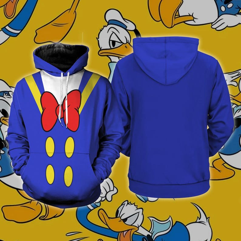 A hooded sweatshirt with a cartoon character design, featuring a blue color and a red bow tie. The hood of the sweatshirt is visible, and the back view shows the design without the bow tie.
