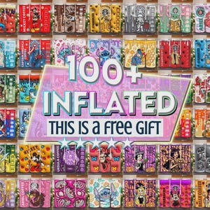 The image is a collage of colorful, illustrated items, including various cartoon characters, patterns, and designs. The text overlay announces "100+ INFLATED THIS IS a free gift", suggesting that the collage is a collection of free gifts.