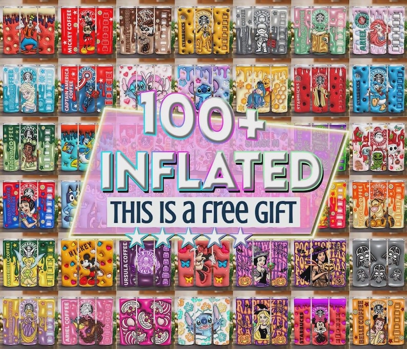 The image is a collage of colorful, illustrated items, including various cartoon characters, patterns, and designs. The text overlay announces "100+ INFLATED THIS IS a free gift", suggesting that the collage is a collection of free gifts.