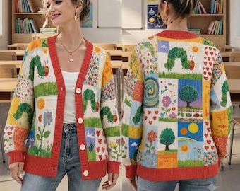 Die sehr hungrige Raupe Strickjacke, Märchenbuch-Strickjacke mit Knöpfen, Kinderbuch-Strickjacke, Leselehrer-Pullover, Retro-Buch-Liebhaber-Geschenk