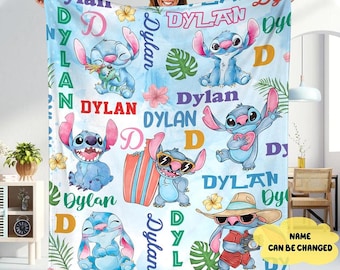 Manta de Stitch personalizada con acuarela, manta de Stitch de Disneyland, manta de película de dibujos animados, regalo de cumpleaños personalizado de Stitch, manta con nombre personalizado