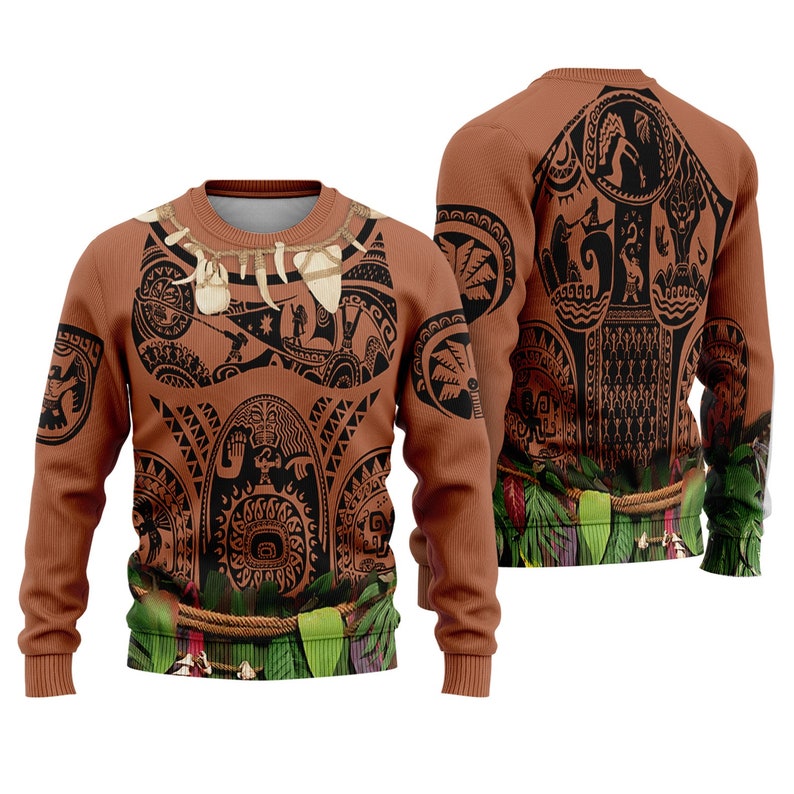 Puede incluir: Un su&eacute;ter marr&oacute;n con un dise&ntilde;o de tatuaje polinesio en la parte delantera y trasera. El su&eacute;ter tiene mangas largas y cuello redondo.