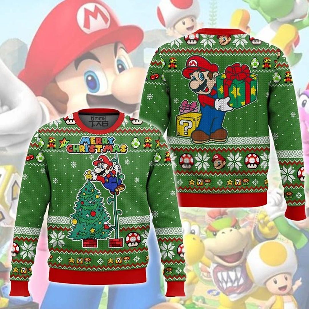 Super Mario Christmas Tree Ugly Sweater, Cute Mario Holiday Sweater