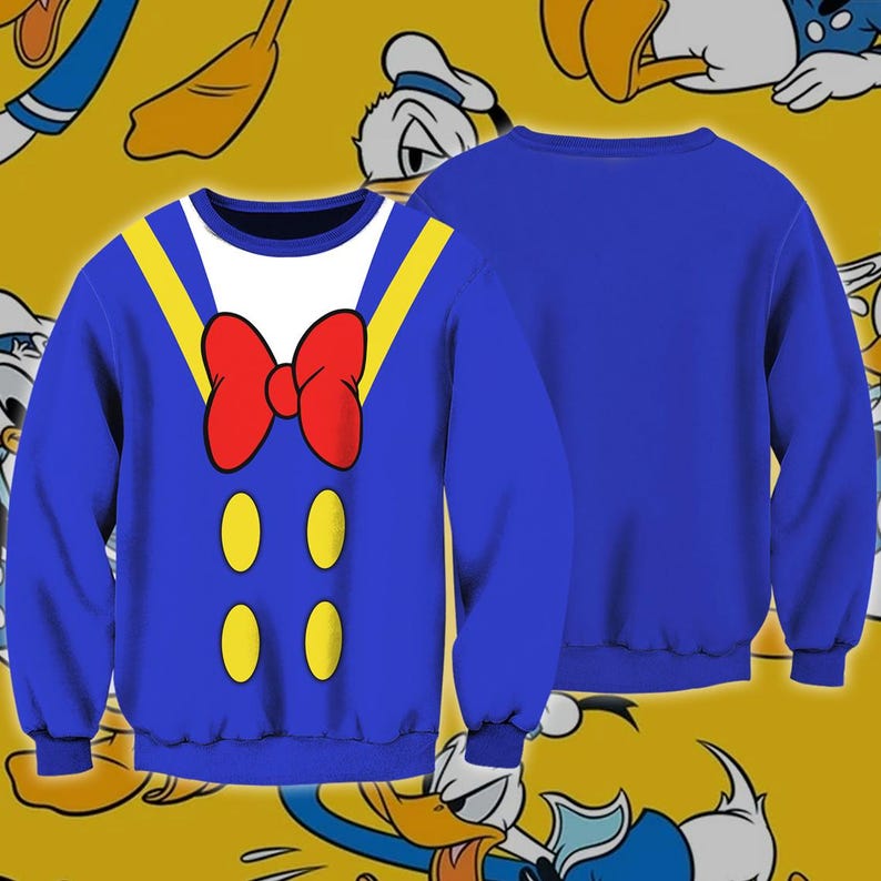 A blue sweater with a red bow tie and yellow dots, resembling a Disney character.