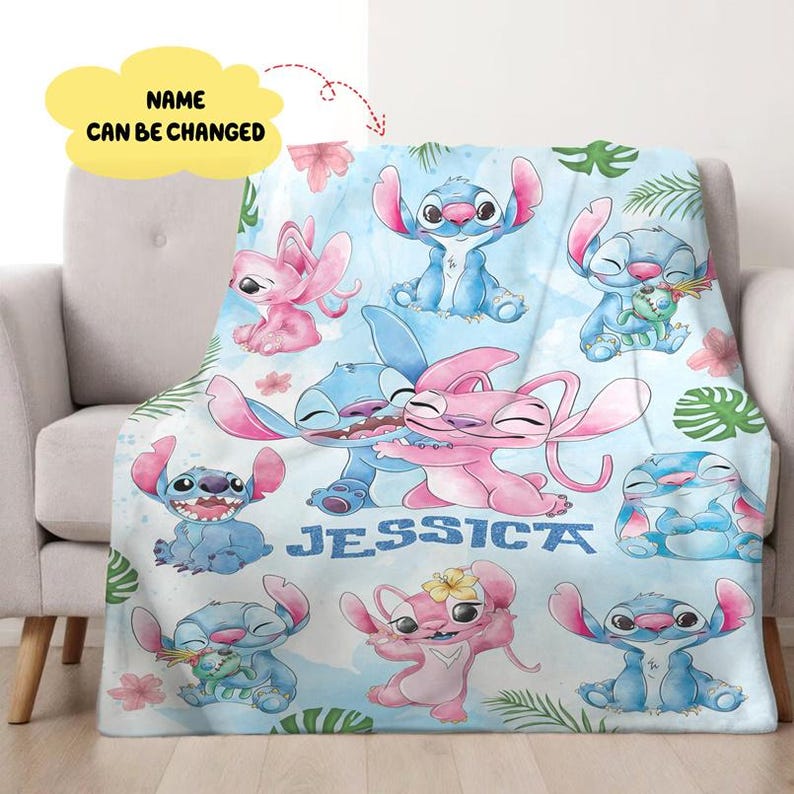 Personalized Watercolor Disneyland Stitch Blanket, Custom Monster Baby