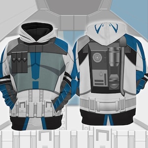 May include: A white, blue, and gray hooded sweatshirt featuring a detailed design reminiscent of a military uniform. The front displays a chest plate design with pockets, while the back showcases a backpack-like element. The hoodie has a black hood and cuffs.