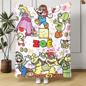 Personalized Super Mario Watercolor Coquette Bow Blanket, Custom Name Mario Blanket, Mario Bowser Luigi Princess Peach Blanket Birthday Gift
