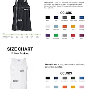 a women's tank top with measurements and colors