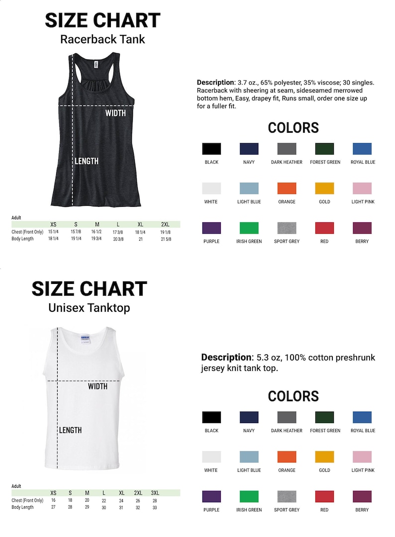 a women's tank top with measurements and colors