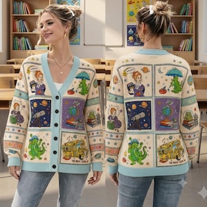 Cardigan de professeur de bus scolaire magique, pull en tricot Mme Frizzle mignon, cadeau de rentrée de professeur de sciences, cadeau de remerciement pour éducateur STEM