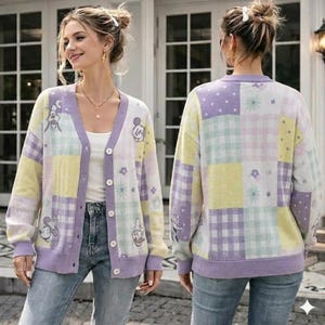 Disneyland Mickey And Friends Checkered Cardigan, Pastel Patchwork Sweater, Gingham Knit Top, Disneyland World Outfit, Magic Kingdom Clothes