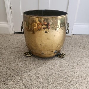 Large Antique Solid Brass Cache Pot With Lions Head Rings and Paw Feet Planter
