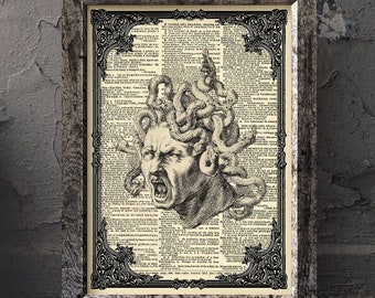 May include: A black and white illustration of Medusa, a Greek mythological figure with snakes for hair, on a vintage dictionary page. The illustration is framed in a black frame.
