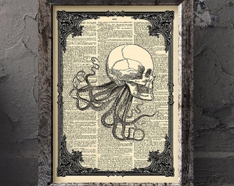 Eldritch Horror Cthulu Skull Art Print | Necronomicon Fragment | HP Lovecraft Poster | Occult Tentacle Decor | Witchy Gifts