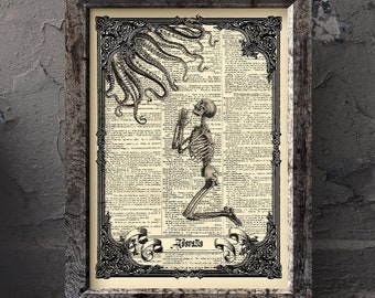 Eldritch Horror Art Print: Gothic Skeleton Praying to Octopus God