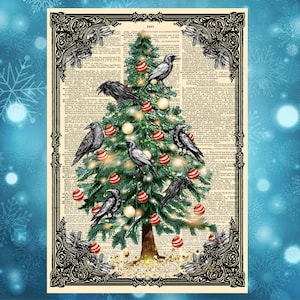 Tarjeta navideña gótica alternativa. Tarjeta navideña espeluznante con un cuervo. Feliz Navidad espeluznante
