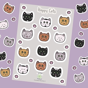 Happy Cats Cute Sticker Sheet | Small Cat Planner / Journal Stickers | A6 Sheet
