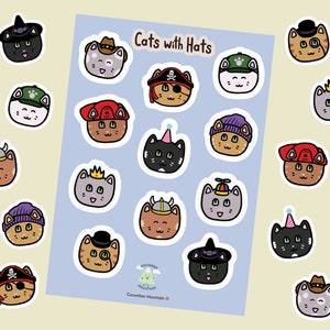 Cats with Hats Cute Sticker Sheet | Small Cat Planner / Journal Stickers | A6 Sheet