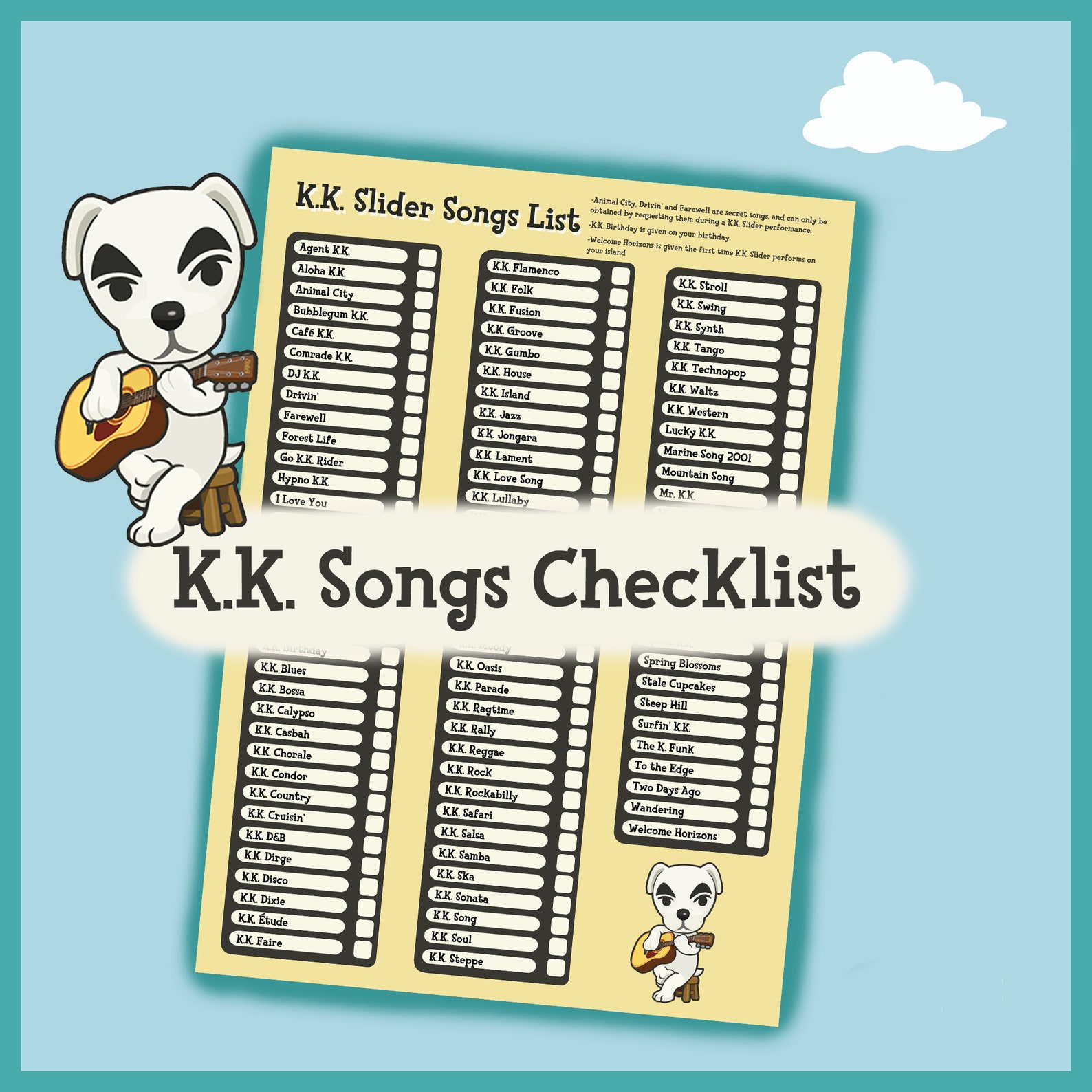 Animal Crossing K.K. Songs Checklist K.K. Slider Song List Etsy