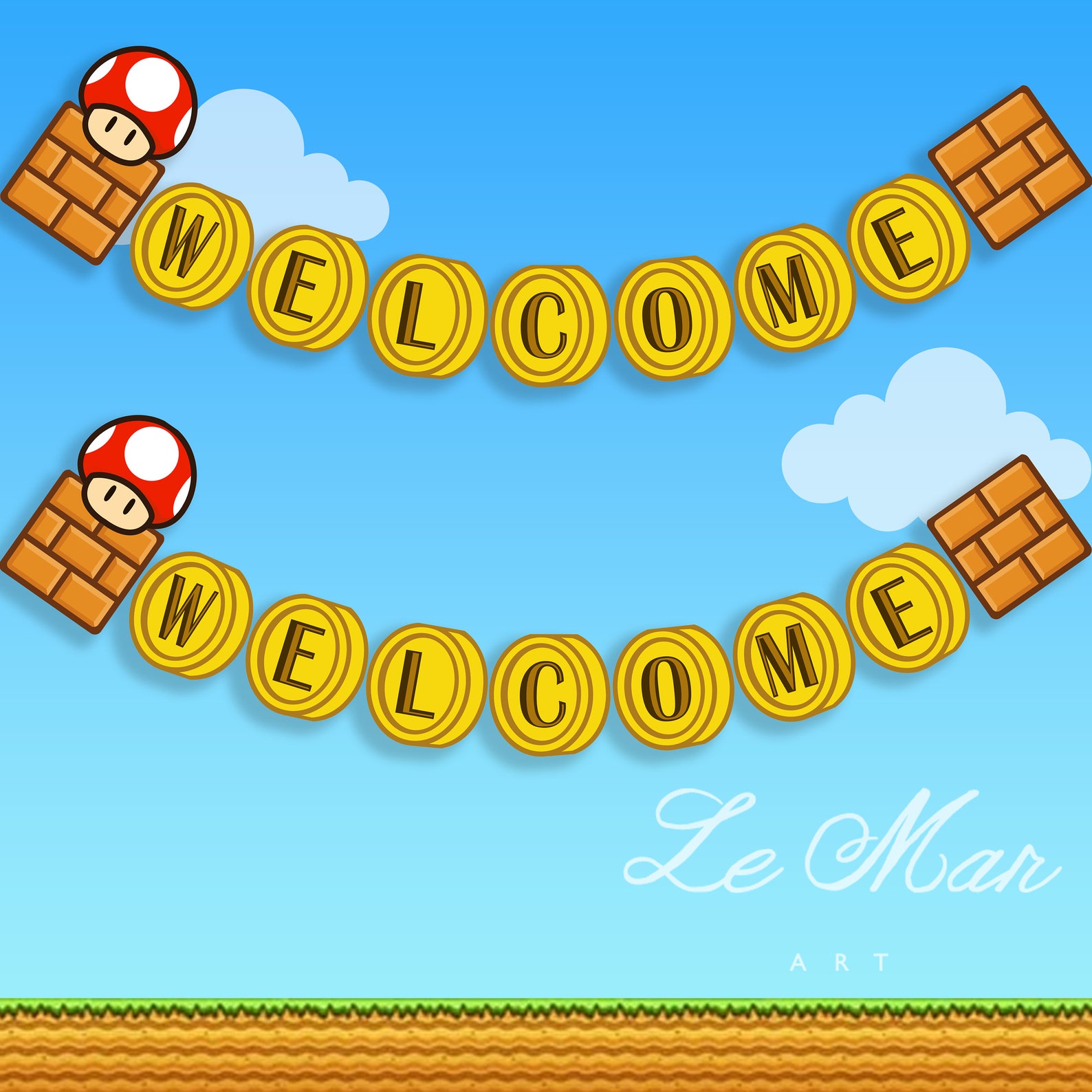 Mario Welcome Sign Super Mario Bros Welcome Birthday Party Bunting