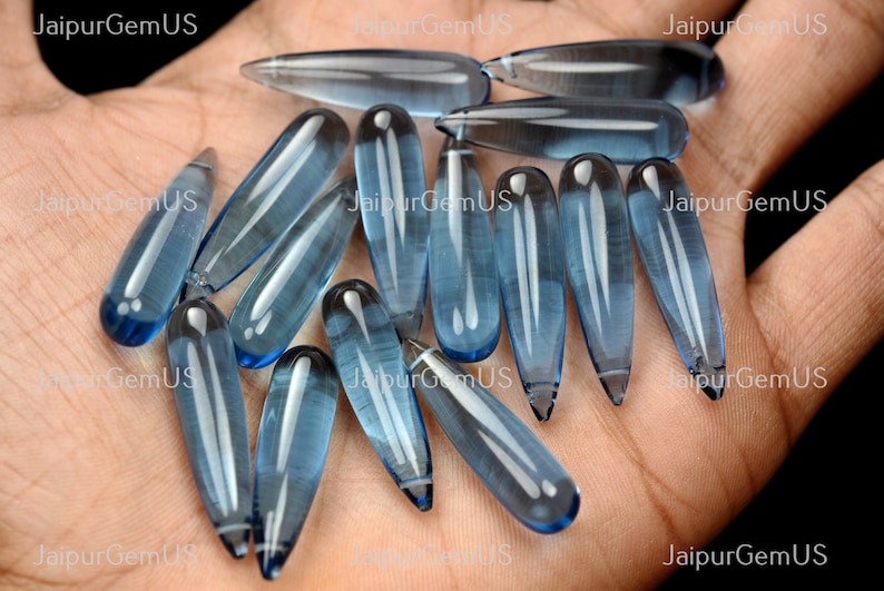 London Blue Quartz Fancy Smooth Long Drop Shape Beads Finest Quality 3 Match Pair Size-8x30mm
