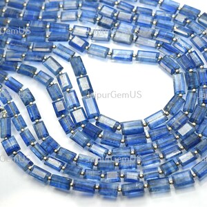 May include: Strands of blue kyanite gemstone beads. Each bead is a rectangular shape with a polished finish. The beads are strung together with small silver-colored spacers. A blue tassel is visible on the left side.