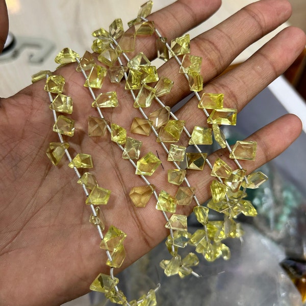 100% Natural Lemon Quartz Gemstone, Gorgeous Quality, Cut Stone Faceted Fancy Nuggets Shape Beads, 8 Inch Strand Size-9-12mm Approx