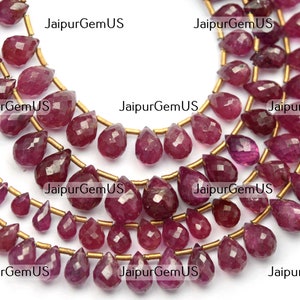 6 Inches 32 Beads Strand, Super AAA+ Quality, 100% Natural Pink Sapphire Faceted Drops Shape Beads, Size-5.50-8.50mm Approx (SP-116)