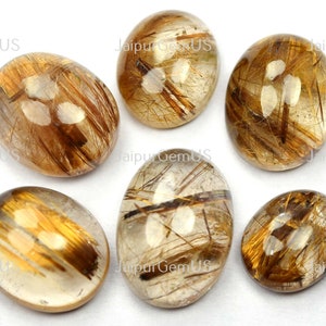 May include: Six oval-shaped gemstones with a golden-brown, hair-like inclusions. The stones are translucent with a polished surface, set against a white background. The text "Jaipur Gem US" is visible.