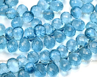 5 Matched Pair, Finest Quality, Light London Blue Quartz Faceted Fancy Drops Shape Beads, Size-7x10mm Approx