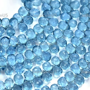 3 Inch Strand, Super Finest Quality, Light London Blue Quartz Faceted Fancy Drops Shape Beads, Size-5x7mm Approx