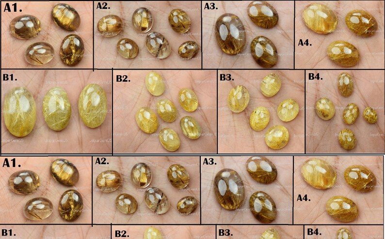 May include: An assortment of golden rutile quartz cabochons in various sizes and shapes. The stones have a translucent appearance with golden needle-like inclusions. Some are oval, others are round.
