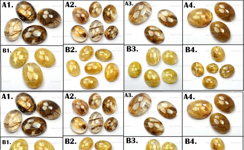 May include: A collection of oval-shaped gemstones in various shades of gold, brown, and clear. The stones have internal patterns and textures, with some appearing more translucent than others. The image is divided into multiple sections, each showcasing a different arrangement of the stones.