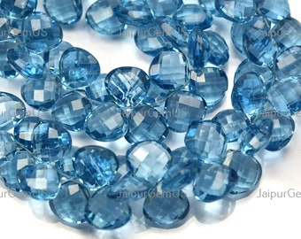 5 Match Pair, Finest Quality, Light London Blue Quartz Gemstone Faceted Fancy Heart Shape Beads, Size-14.00mm