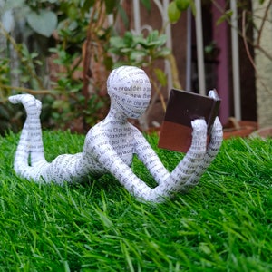 sculpture Papier mache book reading figurine, Unique home decors Papier mache sculpture, Book shelf décor item, Bookish gift