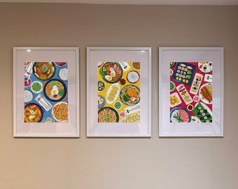 Set of 3 A3 / Food Prints / Korean Japanese Sushi / illustration poster Foodie Cuisine Kitchen Housewarming Chef Flatlay