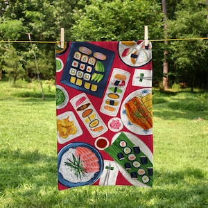 100% Cotton Tea Dish towel Sushi Food Illustrated / Kitchen Accessories / Foodie Cuisine Home Housewarming Chef Gift red Flatlay