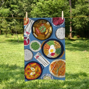 100% Cotton Tea Dish towel Korean Food Illustrated / Kitchen Accessories / Foodie Cuisine Home Housewarming Chef Gift Blue Flatlay