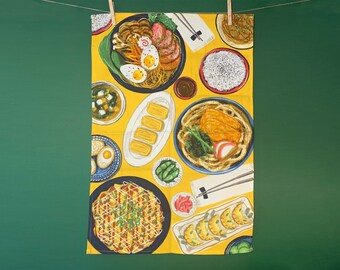 100% Cotton Tea Dish towel Japanese Food Illustrated / Kitchen Accessories / Foodie Cuisine Home Housewarming Chef Gift Yellow