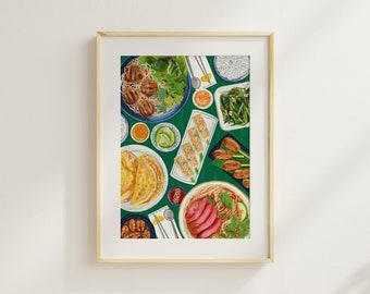 A4 A3 / Vietnamese Food Print / Giclée Print illustration poster / Foodie Cuisine Kitchen Housewarming Chef Green Flatlay