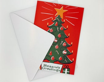 Christmas Xmas Card / Seasons Greetings / Tree Star Retro Illustrated Vintage Art Screenprint A5 Midcentury