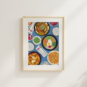 A4 A3 / Impresión de comida coreana / Cartel de ilustración Giclée Print / Foodie Cuisine Kitchen Housewarming Chef Blue Flatlay