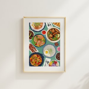 A4 A3 / Filipino Food Illustrated Poster Print / Giclée Print / Foodie Cuisine Kitchen Housewarming Chef Mint Green Turquoise Flatlay