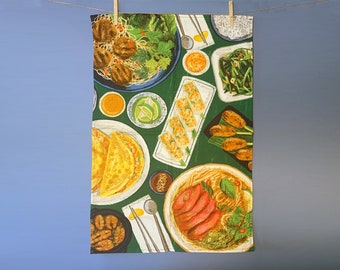 100% Cotton Tea Dish towel Vietnamese Food Illustrated / Kitchen Accessories / Foodie Cuisine Home Housewarming Chef Gift green