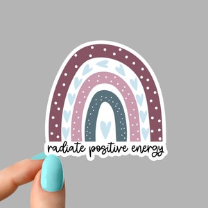 radiate positive energy rainbow stickers, positivity sticker, be happy laptop decals, rainbow tumbler stickers, rainbow water bottle sticker