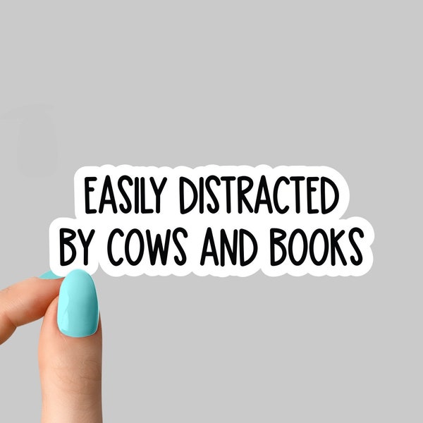 easily distracted by cows and books sticker, cow stickers, book stickers, cow water bottle stickers, funny book stickers