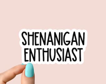 shenanigan enthusiast laptop stickers, funny stickers, sarcasm laptop decals, holographic shenanigan stickers, clear water bottle sticker