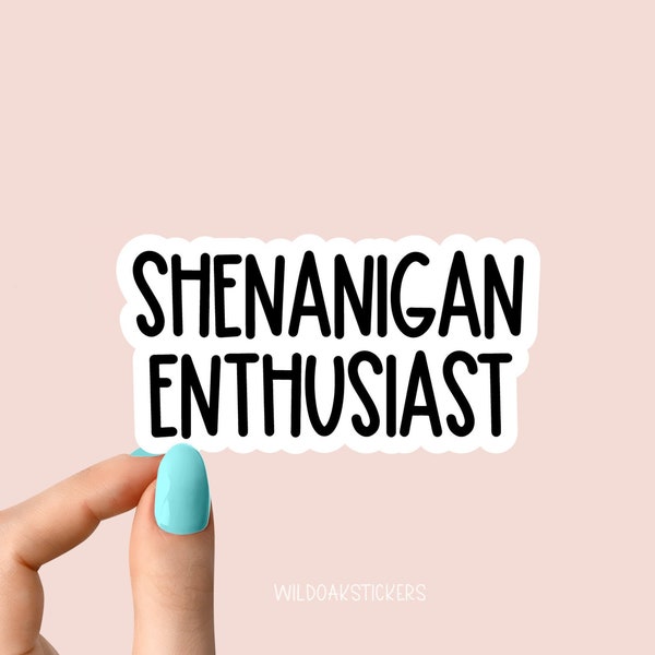 shenanigan enthusiast laptop stickers, funny stickers, sarcasm laptop decals, holographic shenanigan stickers, clear water bottle sticker