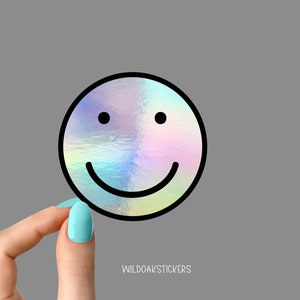 holographic smiley face stickers, happy funny sticker, be happy holographic stickers, holographic sticker, funny stickers, holographic decal
